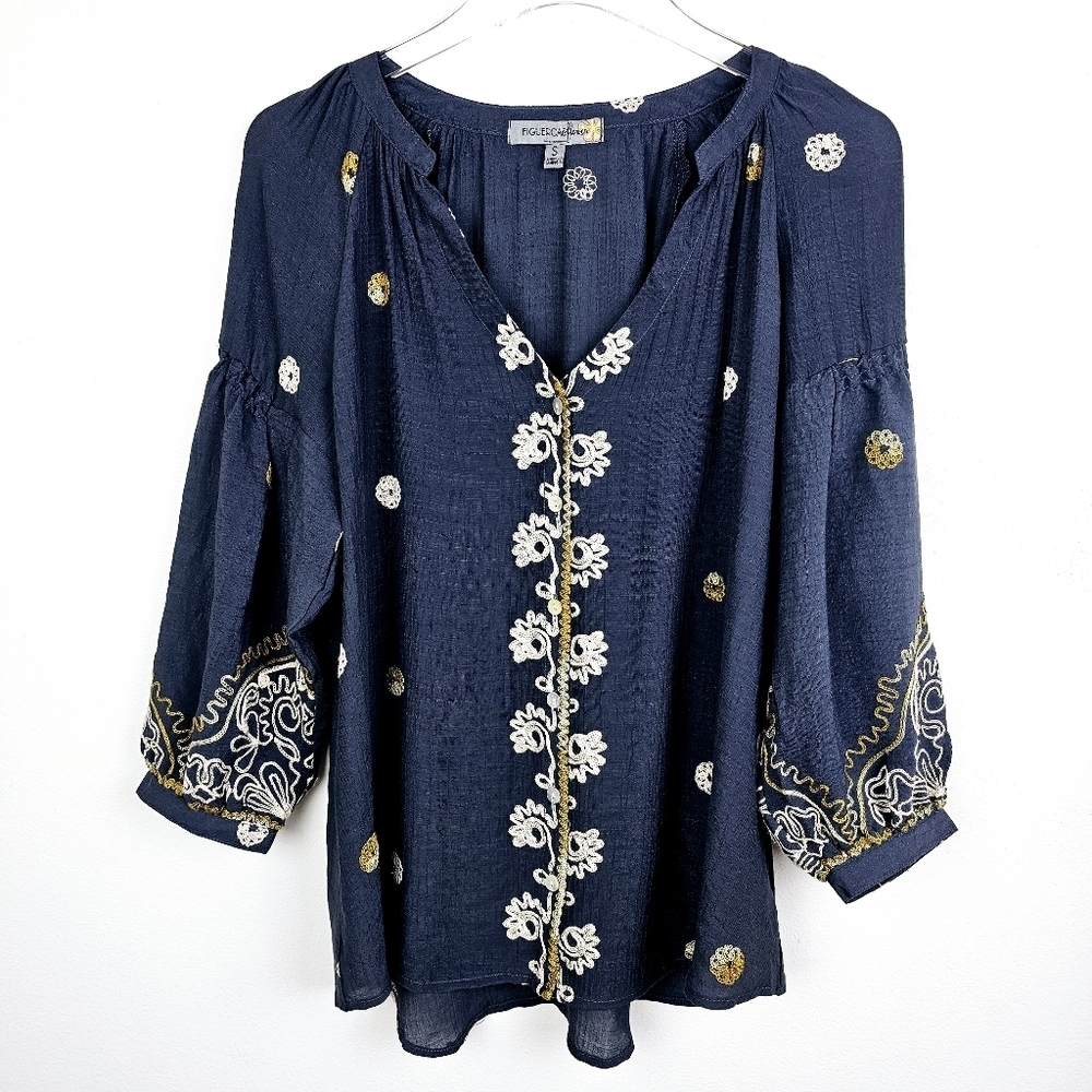 Figueroa and Flower Navy Blue Estilo Embroidered Boho Balloon Sleeve Blouse NWT